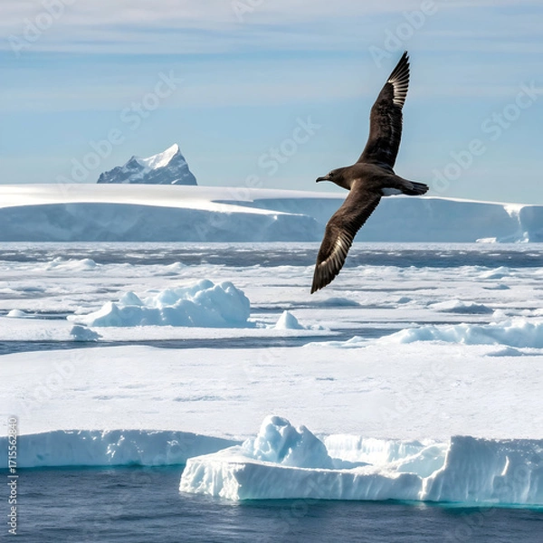 Fototapeta skua flies over antarctic ocean polar bird in flig
