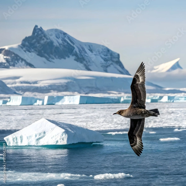 Fototapeta skua flies over antarctic ocean polar bird in flig