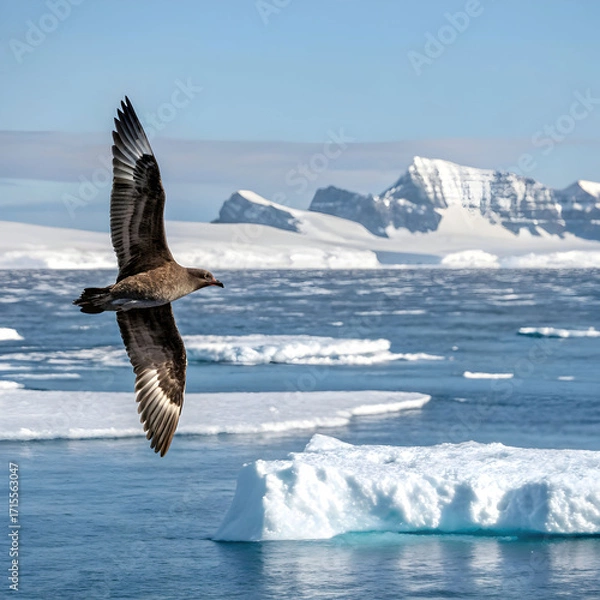 Fototapeta skua flies over antarctic ocean polar bird in flig