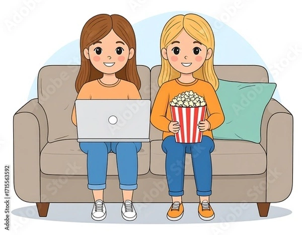 Fototapeta Two girls sit on a couch, one using a laptop and the other enjoying popcorn, creating a relaxed and fun indoor scene.