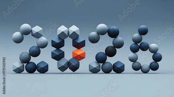 Fototapeta Geometric 2026 design featuring spheres and polyhedra in shades of blue and gray with a single orange polyhedron accent creating a modern and abstract visual for calendars or new year promotions