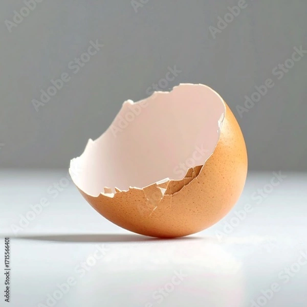 Fototapeta Broken egg shell, light beige color, cracked, on white surface