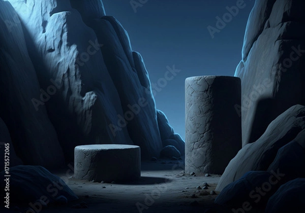 Obraz Cold rocky valley illuminated by moonlight with tall podiums creating mysterious display environment