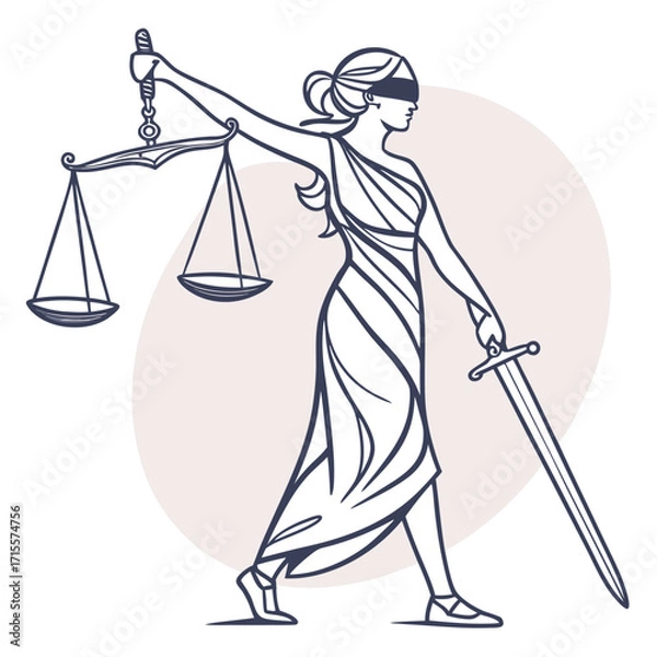 Fototapeta Vector art of themis, the greek goddess of justice, with scales and sword, representing law, fairness, and impartiality, walking forward with determination