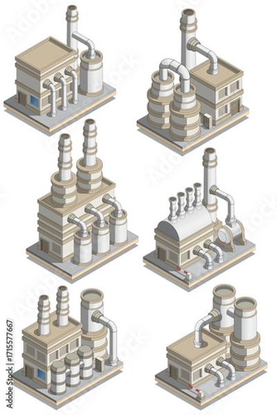 Obraz Set of industrial buildings. Isolated on white background. Isometric. Vector illustration.