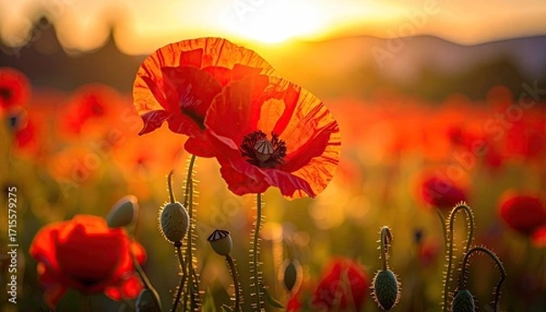 Fototapeta Radiant Red Poppies Field Bathed in Golden Sunset Light with Mountain Backdrop Capturing Warmth and Natural Beauty in Outdoor Setting