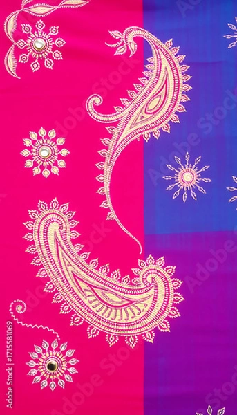 Fototapeta  Hand-dyed magenta backdrop, block paisleys, and hand-stitched mirror-work.