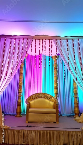 Fototapeta  South Indian wedding stage backdrop with golden mandap pillars, hanging jasmine strings, and silk draped curtains in pastel hues.