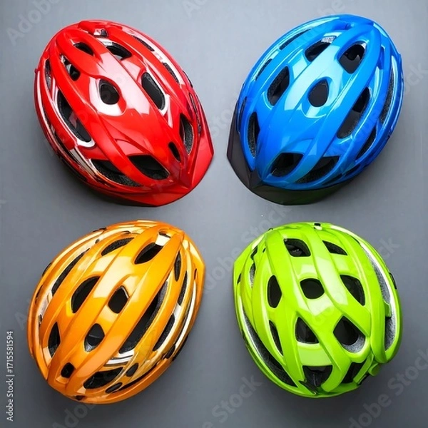 Fototapeta Four colorful bicycle helmets, red, blue, orange, and green, arranged in a square pattern on a gray surface