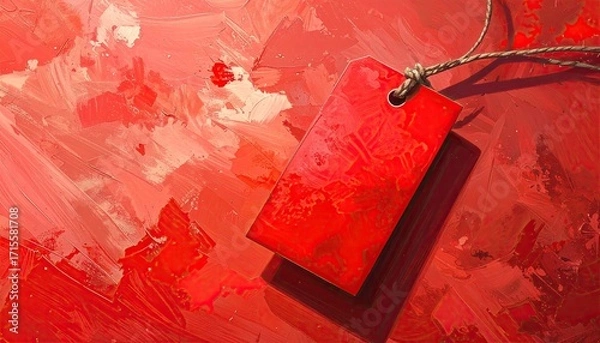 Obraz Red Tag on Textured Red Painted Canvas Background with Cord Detail Rich Brushstrokes and Varied Tones Creating a Visually Striking Abstract Artwork