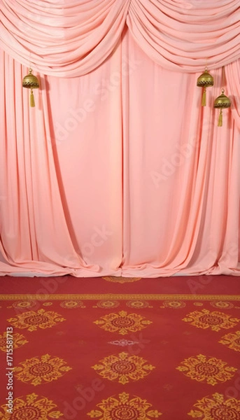 Fototapeta  Traditional wedding background with pastel peach fabrics, temple bell shadows, and golden kolam patterns on the floor.