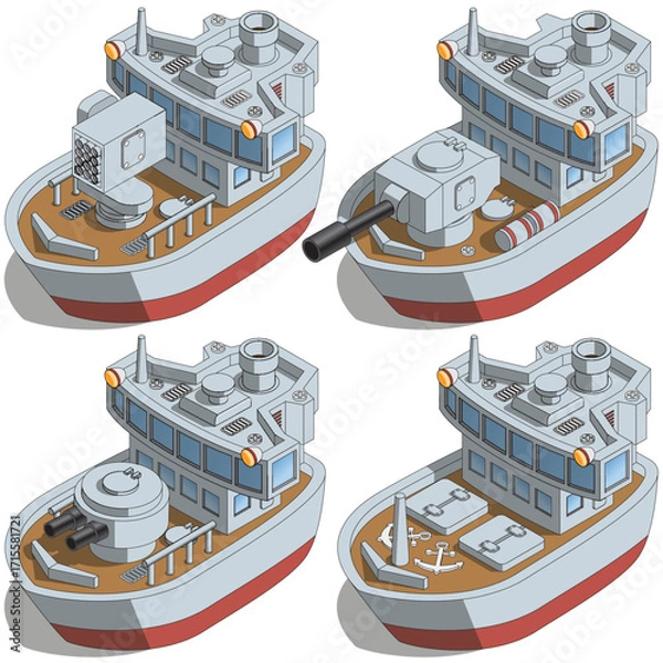 Obraz A set of warships. Isometric. Isolated on white background. Vector illustration.