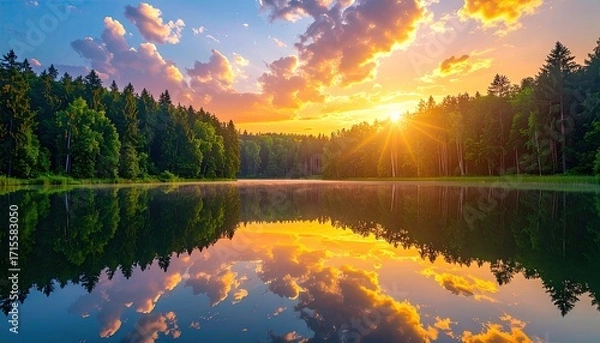 Fototapeta Reflective Lake Surrounded by a Forest at Golden Sunset with Sun Rays and Ultra Sharp Leaf Detail in Cinematic Hdr Nature Photography