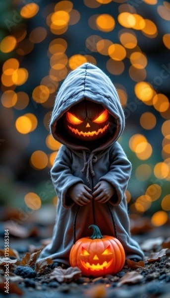 Fototapeta A mysterious hooded figure with glowing red eyes carries an evil jack-o-lantern, surrounded by warm bokeh lights and autumn leaves, evoking the spooky yet festive spirit of Halloween.