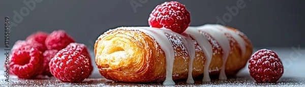 Fototapeta Delicious pastry roll topped with icing and raspberries.
