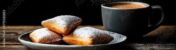 Fototapeta Sweet beignets and coffee on a rustic table