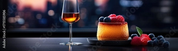 Fototapeta Elegant dessert presentation with berries and beverage.