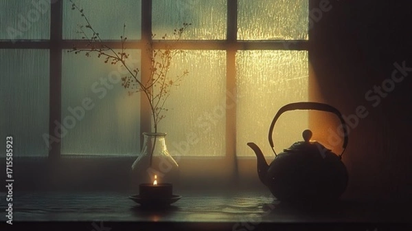 Fototapeta A still life featuring a tea kettle, candle, and dried flowers by a frosted window.