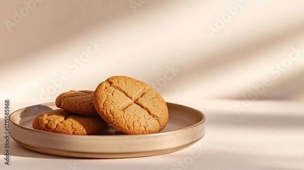 Fototapeta Three round cookies arranged on a plate in soft light.