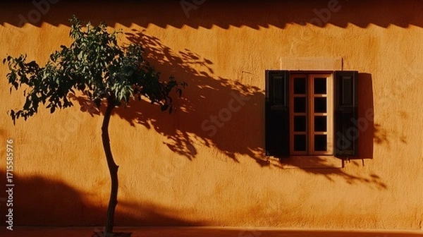 Fototapeta A sun-drenched orange wall, a small tree, and a window with dark shutters.