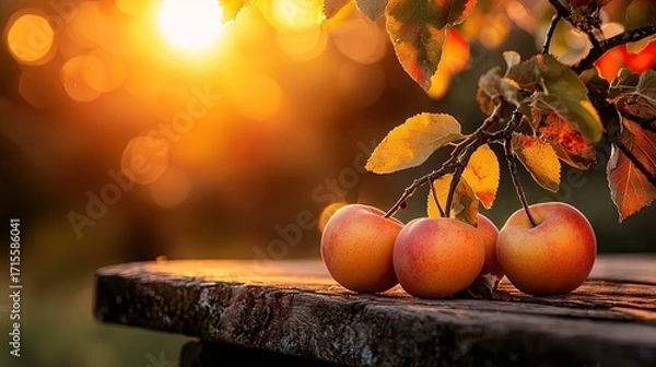 Fototapeta Autumnal apples bathed in golden sunlight on a rustic wooden table.