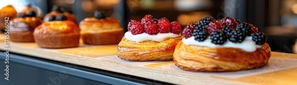 Fototapeta Delicious pastries with berries and cream displayed on a wooden surface.