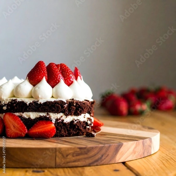 Fototapeta Two-tiered chocolate cake, layered with whipped cream and topped with fresh strawberries, on a wooden board