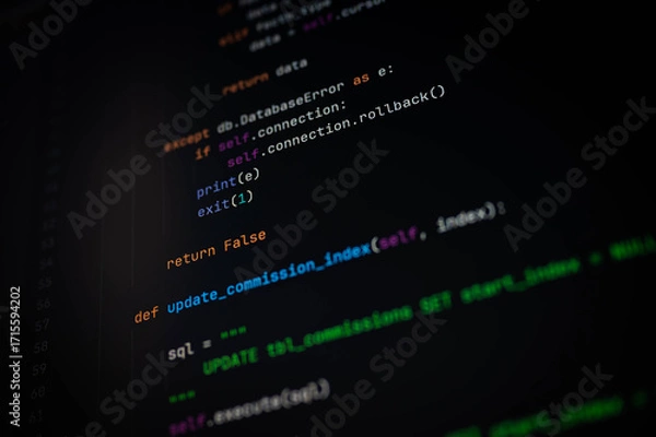 Obraz Close-up of Python code with SQL update function and database error handling using rollback and exit commands. Perfect for backend development, data engineering, and secure coding visuals.
