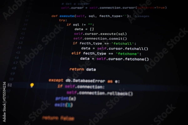 Obraz Close-up of Python code handling SQL execution and error management using try-except blocks, showcasing backend programming logic. Ideal for tech blogs, coding tutorials, and developer content.