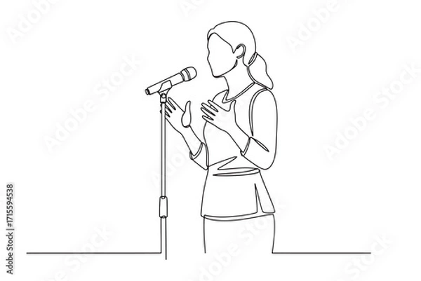 Fototapeta Continuous Line Drawing of a woman speaking into a microphone on a stand