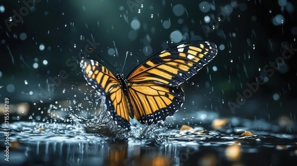 Fototapeta Butterfly on Water Splash with Rain Drops
