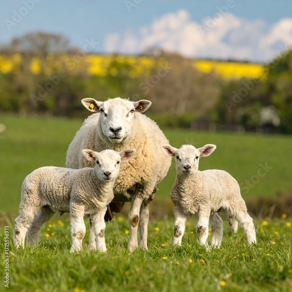 Fototapeta Mother sheep with two lambs in a field