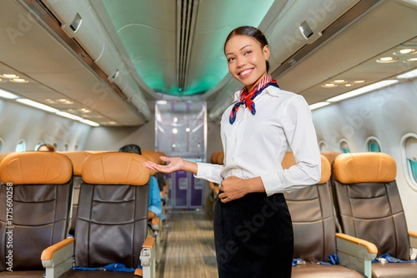 Fototapeta Airhostess portrait for present airline business service for support all passenger to travel with airplene quality with your happiness.