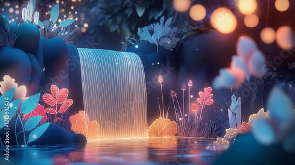 Fototapeta Fantasy Waterfall Scene with Glowing Flora. Magical waterfall surrounded by bioluminescent plants, ideal for fantasy, gaming, or storybook visual content.