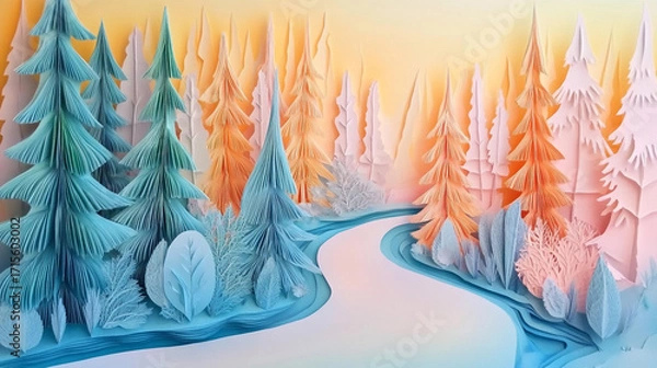 Fototapeta Papercut Forest Landscape with Winding Path and Colorful Trees