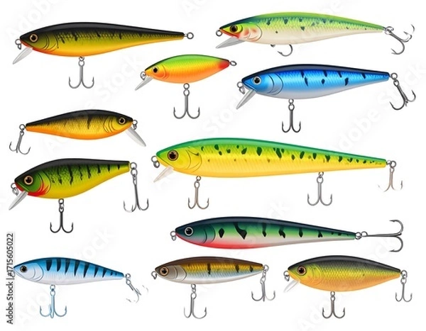 Obraz Collection of colorful fishing lures, showcasing various patterns and vibrant hues.