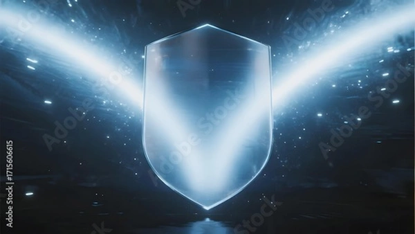 Obraz A glowing translucent shield illuminated by radiant blue light beams in a dark cosmic background