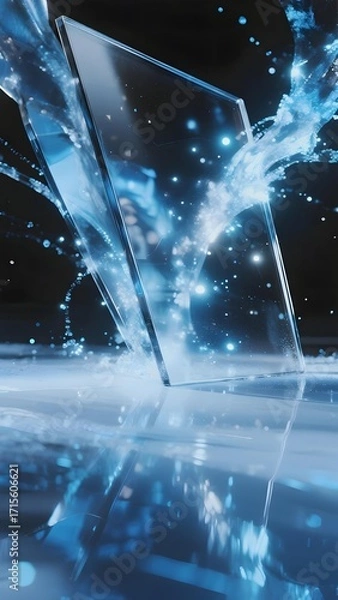Obraz Transparent glass panel with dynamic blue energy waves and glowing particles in a futuristic setting