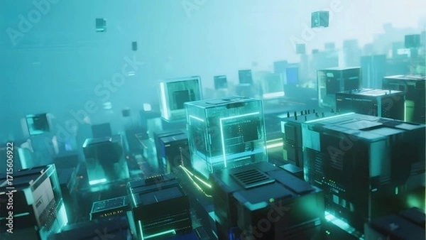 Obraz Futuristic cityscape with glowing cubic structures and neon lights in a hazy atmosphere