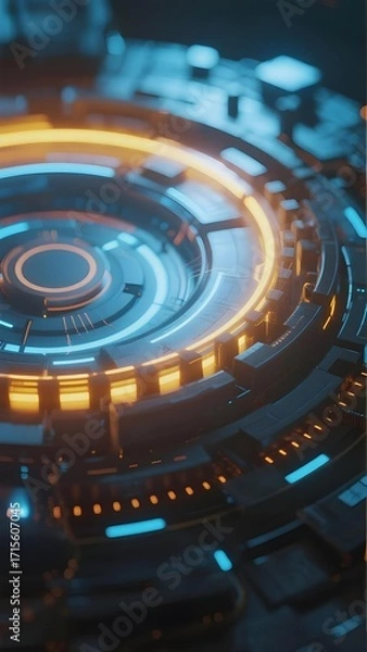 Obraz Futuristic circular interface with glowing orange and blue lights, intricate mechanical design