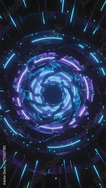 Obraz Futuristic neon tunnel with glowing blue and purple lights forming a circular pattern in a sci-fi environment