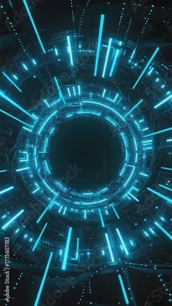 Obraz Futuristic circular tunnel with glowing blue neon lights and digital patterns