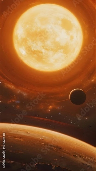 Obraz A large sun dominates the sky above a planet's horizon, with a smaller celestial body in the distance, set against a star-filled space backdrop.