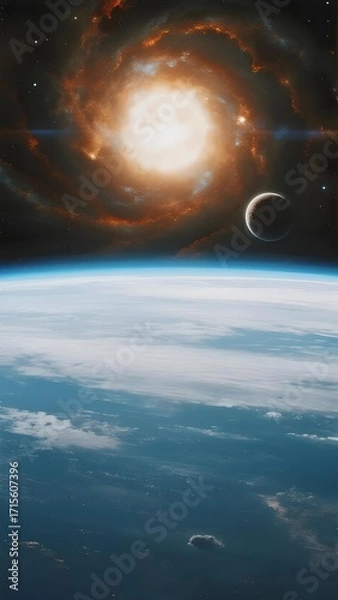 Obraz View of Earth from space with a bright spiral galaxy and a crescent moon in the background