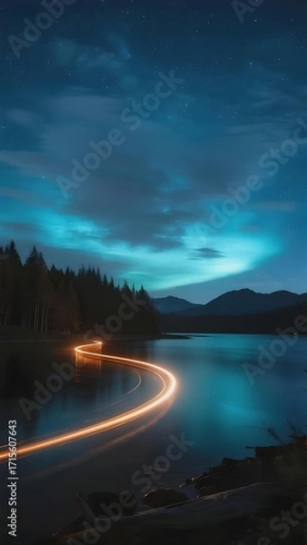Obraz Nighttime lakeside scene with glowing light trail reflecting on water under starry sky