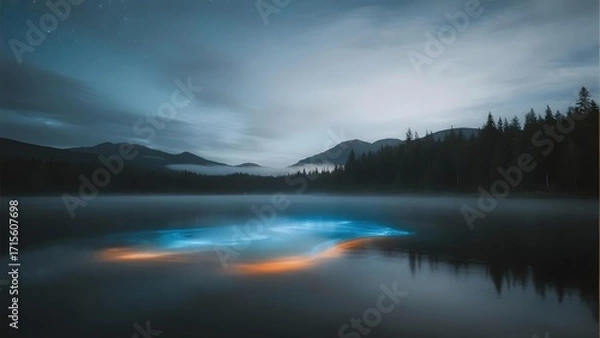 Obraz Mysterious glowing light on a calm lake at night surrounded by mountains and forest