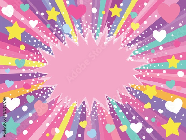 Fototapeta ピンクとパープルの放射状背景、ハートと星、空いたスペース付きベクターイラスト