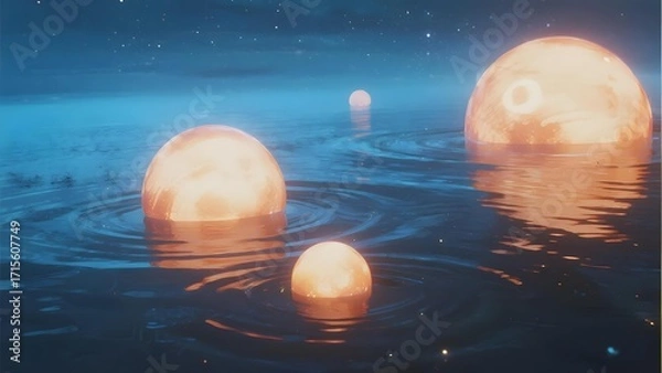 Obraz Glowing orbs floating in water under a starry night sky