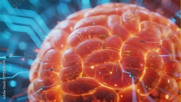 Obraz Digital representation of a human brain with neural connections and technological overlays