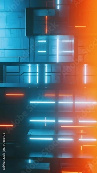 Obraz Abstract futuristic cityscape with glowing neon lights and geometric structures in blue and orange hues